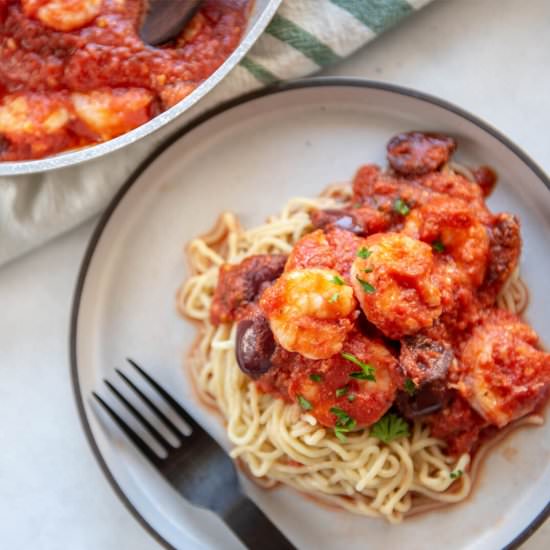 Garlic Shrimp with Puttanesca Sauce - Recipe photo by Appetite For Energy