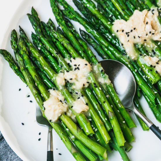 Asparagus with Sesame-Miso Butter - Recipe photo by Never Not Hungry