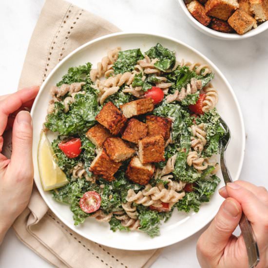 Kale Miso Caesar Pasta Salad - Recipe photo by okonomi kitchen
