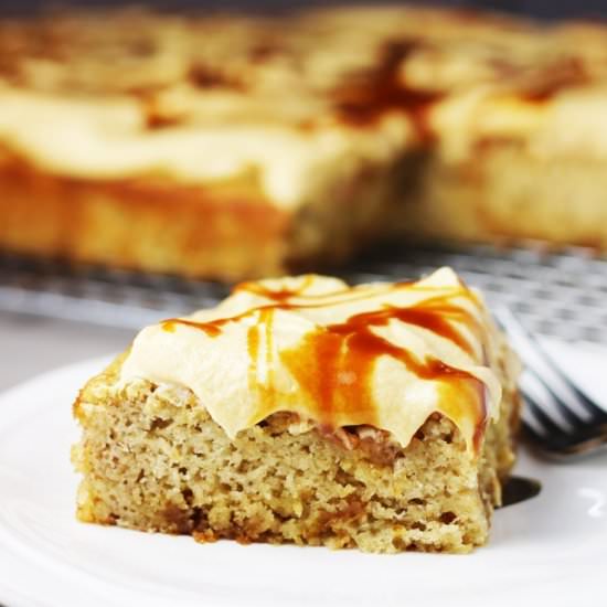 Banana Cake with Caramel Frosting - Recipe photo by Our Happy Mess