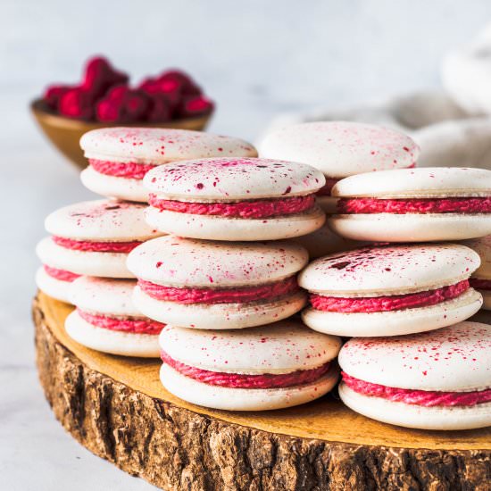 Vegan Raspberry Macarons - Recipe photo by piesandtacos