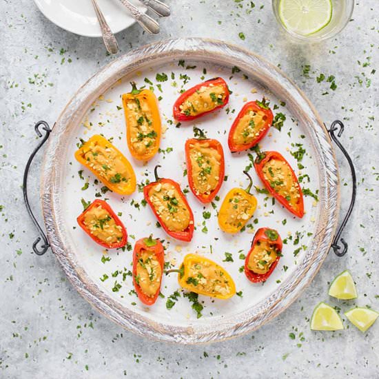 Vegan Queso Stuffed Mini Peppers - Recipe photo by SoupAddict