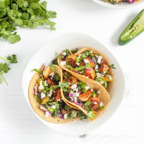 Shrimp Tacos with Cabbage Slaw - Recipe photo by Byte Sized Nutrition