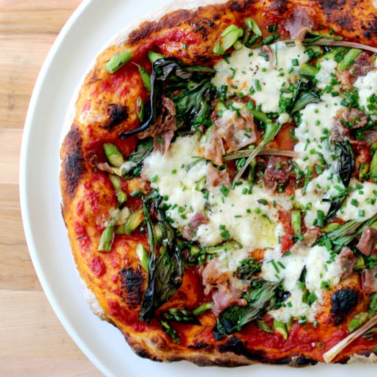 Asparagus, Ramp, and Burrata Pizza - Recipe photo by ThursdayNightPizza