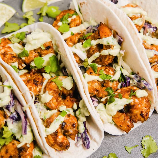 Spicy Shrimp Tacos w/ Avocado Crema - Recipe photo by Girlwiththeironcast