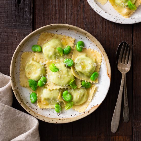 Fava Bean Ravioli with Brown Butter - Recipe photo by My Three Seasons