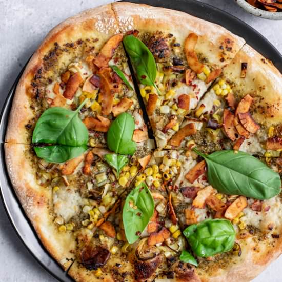Pesto Pizza with Coconut Bacon - Recipe photo by thecuriouschickpea