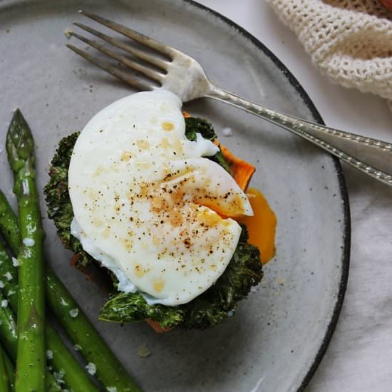 Sweet potato stack w poached eggs - Recipe photo by Beloved Kitchen