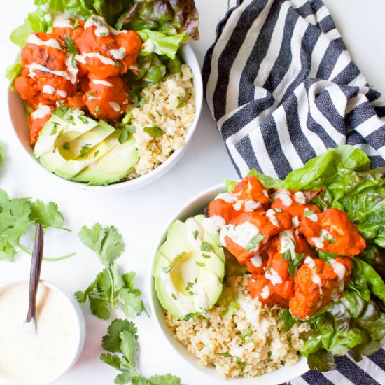 Buffalo Cauliflower Quinoa Bowls - Recipe photo by This Savory Vegan