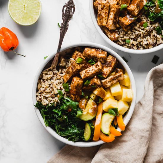 Jerk Tofu Vegetable and Rice Bowl - Recipe photo by emilieeats
