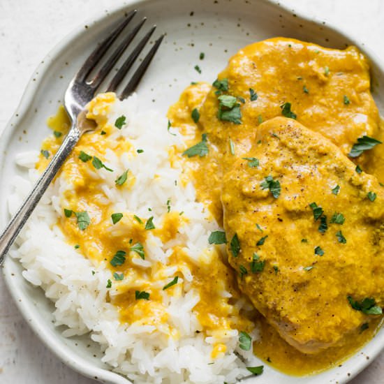 Crockpot Honey Mustard Pork Chops - Recipe photo by saltandlavender