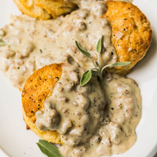 Sausage Gravy w/ Buttermilk Biscuit - Recipe photo by Never Not Hungry