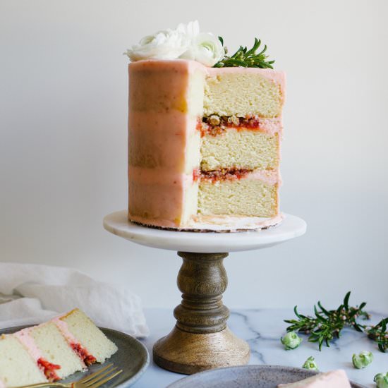 Strawberry Rhubarb Layer Cake - Recipe photo by thewoodandspoon