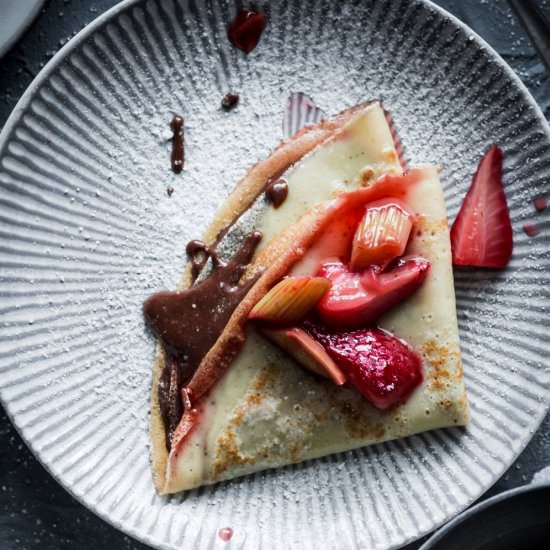 Roasted Strawberry Rhubarb Crêpes - Recipe photo by Use Your Noodles