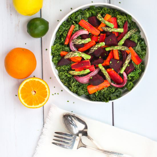 Warm Kale Salad and Roasted Veggies - Recipe photo by healthymidwesterngirl