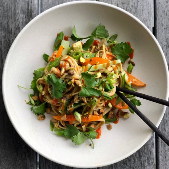 pistachio noodles with veggies - Recipe photo by Jackie Newgent