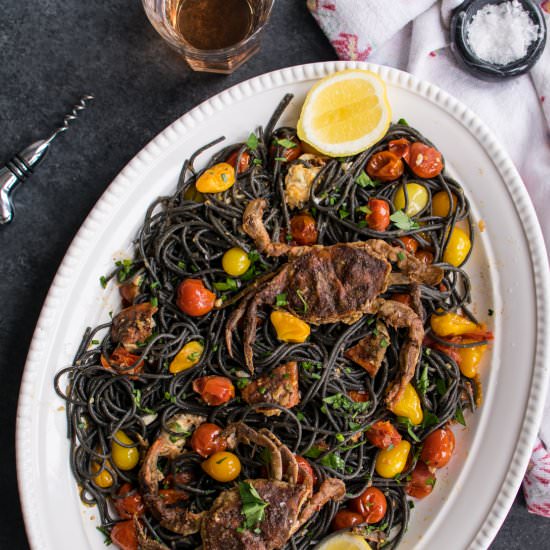 Squid Ink Pasta & Soft Shell Crab - Recipe photo by CarolynsCooking