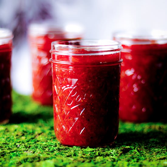 Strawberry Rhubarb Jam {no pectin} - Recipe photo by BatterandDough