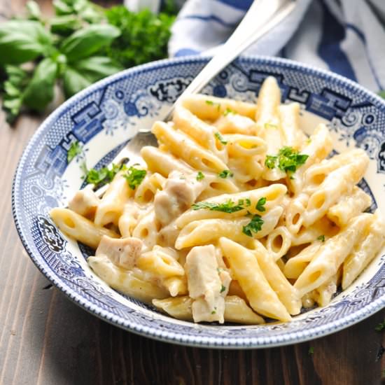 Dump-and-Bake Parmesan Pasta - Recipe photo by The Seasoned Mom