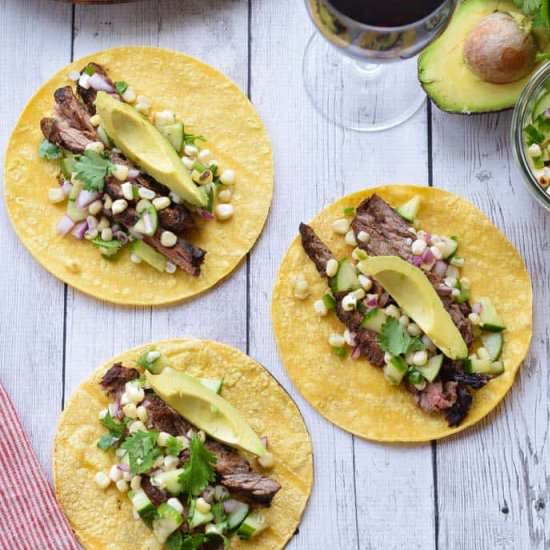 Steak Tacos, Cucumber & Corn Salsa - Recipe photo by Seasonal Cravings