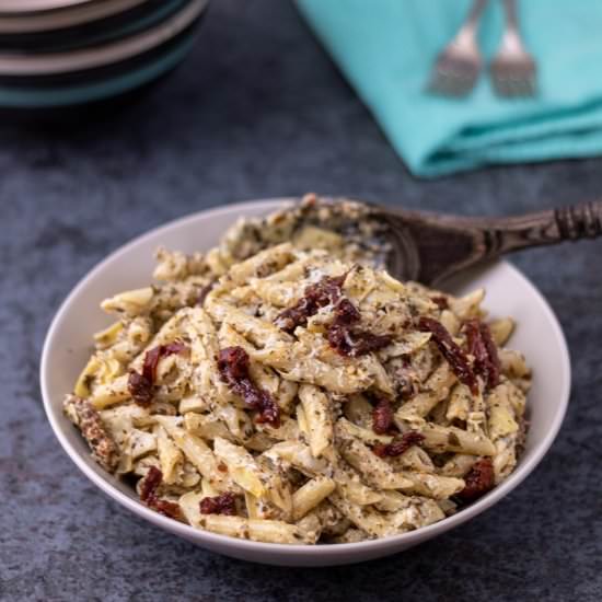 Creamy Pesto and Goat Cheese Pasta - Recipe photo by smackofflavor