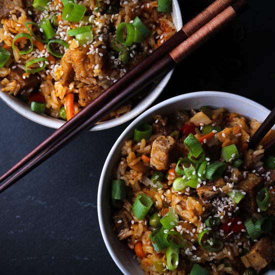 Kimchi Fried Rice w/ Crispy Tofu - Recipe photo by Liv Vegan Strong