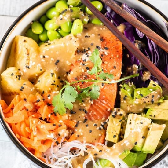 Grilled Salmon Bowl w/ Miso-Ginger - Recipe photo by BBQing With The Nolands