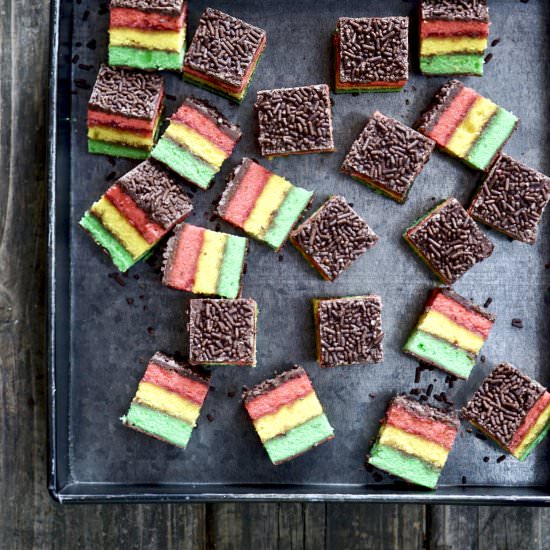 Italian Rainbow Cookies - Recipe photo by simmerandsauce