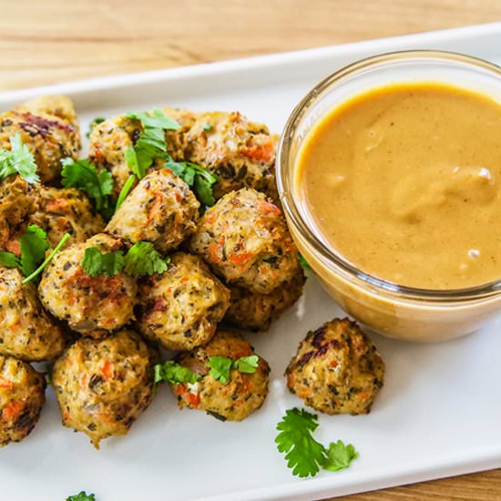 Chicken Meatballs with Peanut Sauce - Recipe photo by Candy Jar Chronicles