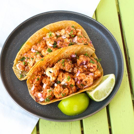 Cauliflower Tacos wit Romesco Sauce - Recipe photo by healthymidwesterngirl