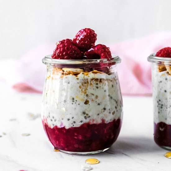 Maple-Raspberry Overnight Oats - Recipe photo by Never Not Hungry