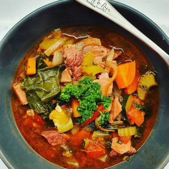 Keto Hearty Beef and Bacon Soup - Recipe photo by Naughty and Nice Kitchen