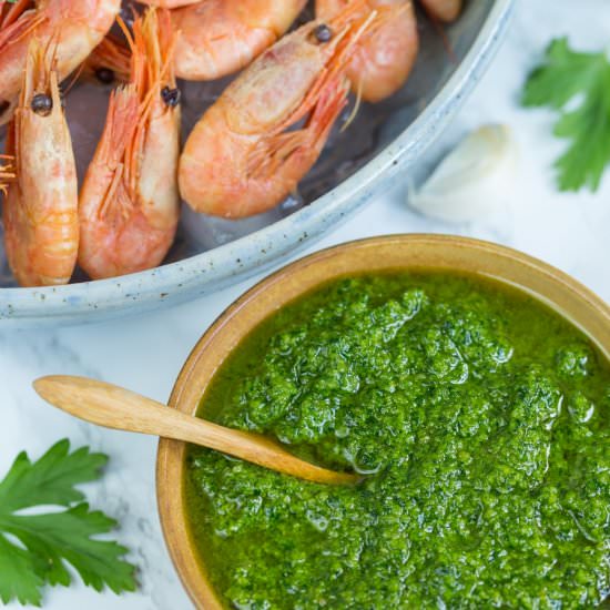 Nordic pesto with shrimp - Recipe photo by electricbluefood