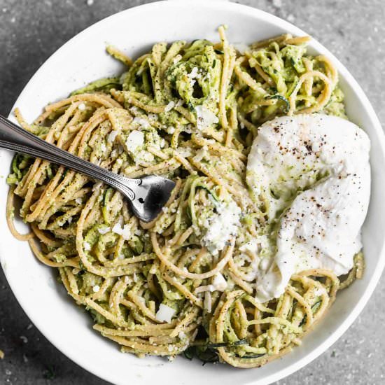 Spaghetti with Broccoli Pesto - Recipe photo by cookingforkeeps