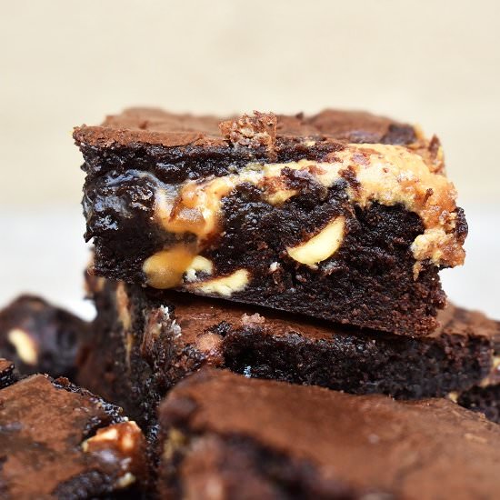 Peanut Butter Caramel Brownies - Recipe photo by lightscamerabake