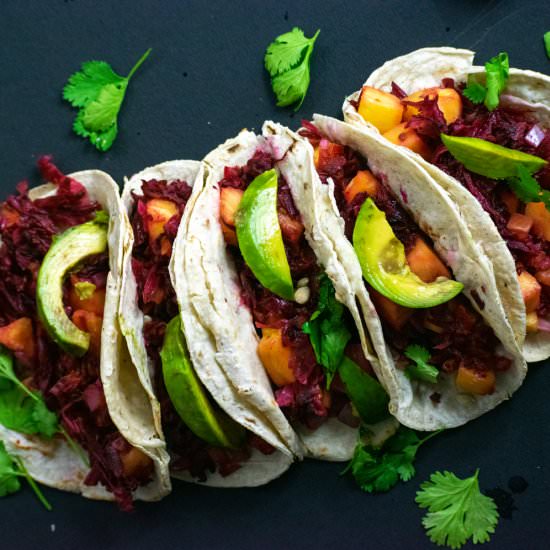 Hibiscus tacos (Tacos de jamaica) - Recipe photo by rockandvegan