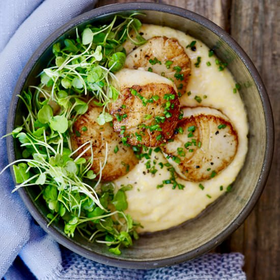 Scallops With Cheese Grits - Recipe photo by simmerandsauce