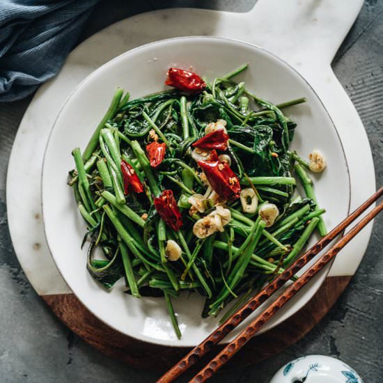 Stir Fried Water Spinach – Two Ways - Recipe photo by omnivorescookbook