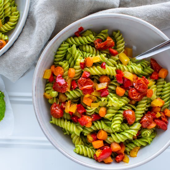 Vegan Pesto Pasta Primavera - Recipe photo by thehangrychickpea