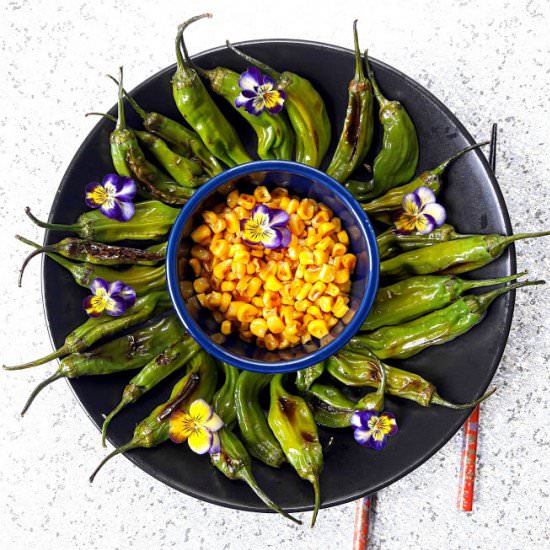 Grilled Shishito Peppers and Corn - Recipe photo by ProfusionCurry
