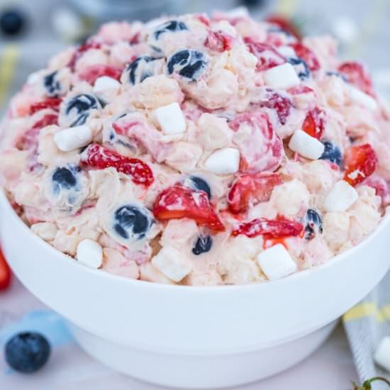 Red White and Blue Cheesecake Salad - Recipe photo by peasandpeonies