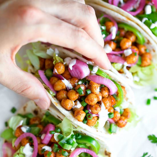 Buffalo Chickpea Tacos - Recipe photo by peasandcrayons