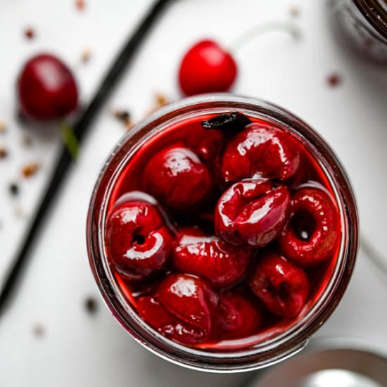 Vanilla Bean Pickled Cherries - Recipe photo by garlic and zest
