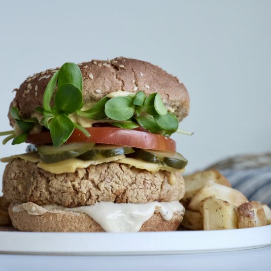 Tempeh Pinto Vegan Burger - Recipe photo by HookedOnPlants