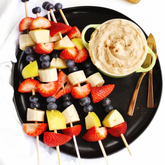 Fruit kabobs with peanut butter dip - Recipe photo by Rhubarbarians