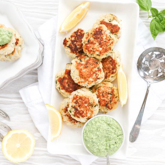 Easy Crab Cakes with Creamy Pesto - Recipe photo by jennyrawn