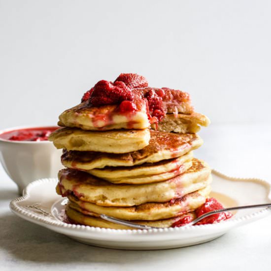 Pancakes with Strawberry Compote - Recipe photo by rootsandradishes