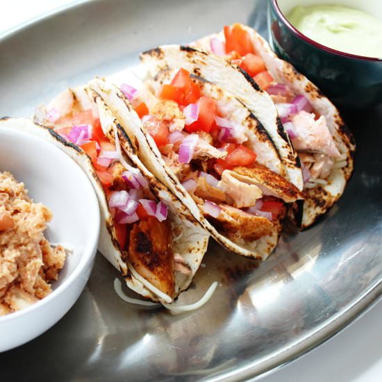 Salmon Tacos with Avocado Ranch - Recipe photo by Bottom Left of the Mitten