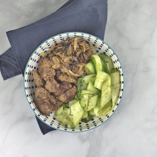 Chicken Livers & Cucumber Ribbons - Recipe photo by agourmetfoodblog