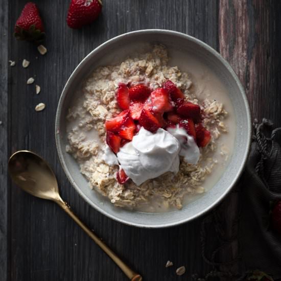 Strawberries & Cream Bircher Bowl - Recipe photo by The Simple Green